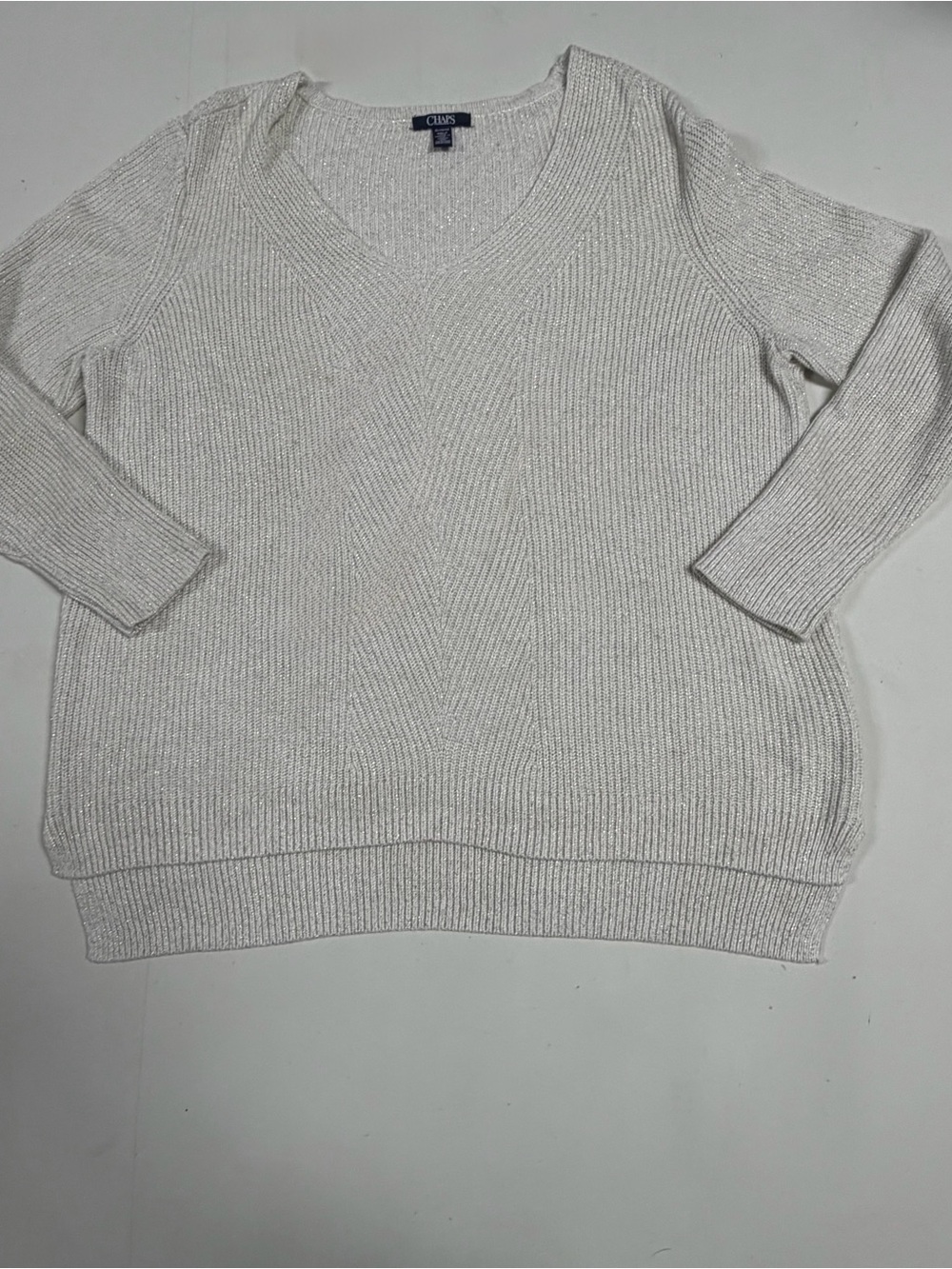Chaps Women's Light Cream V-Neck Ribbed Pullover Sweater